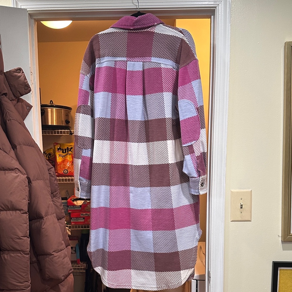 Free People Plaid Long Ruby Shirt Jacket Pink and Blue - Size XS - Picture 4 of 10